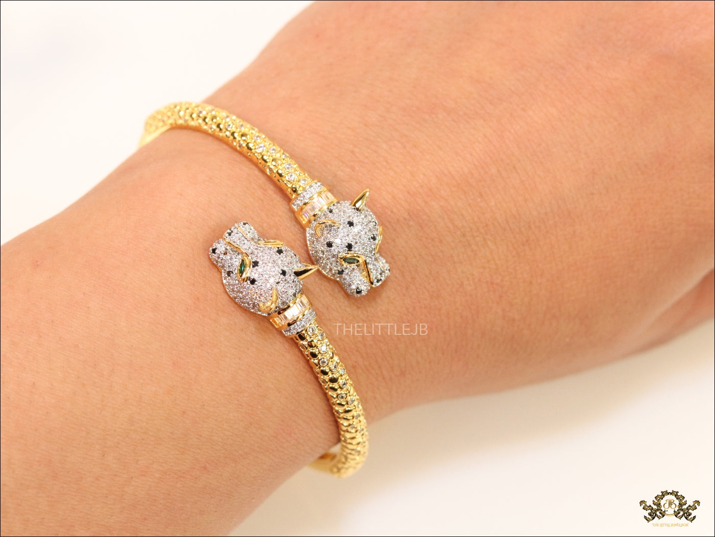 Gold plated cz panther open bracelet