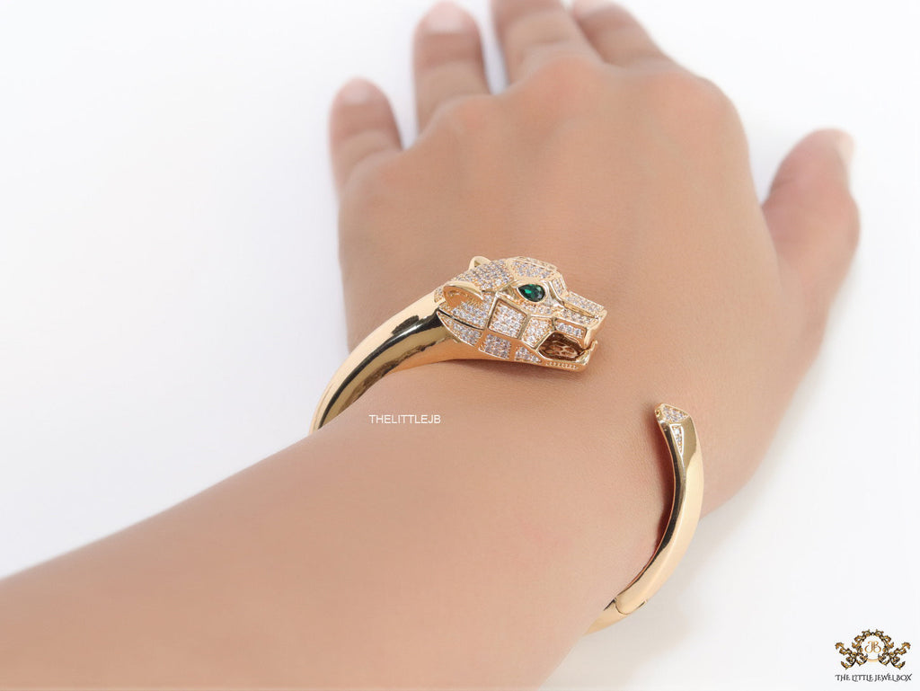 Gold plated open panther bracelet with cz