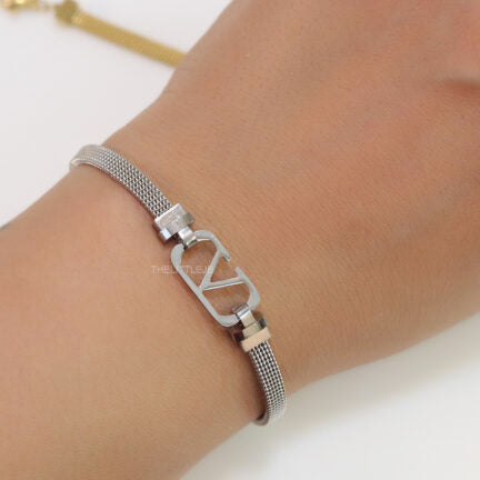 Platinum plated watch strap bracelet with V motif
