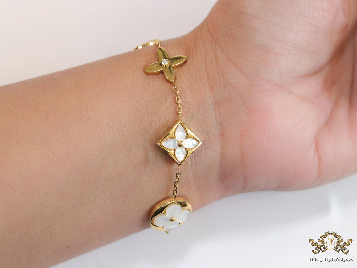 Gold plated chain bracelet with MOP clovers XL