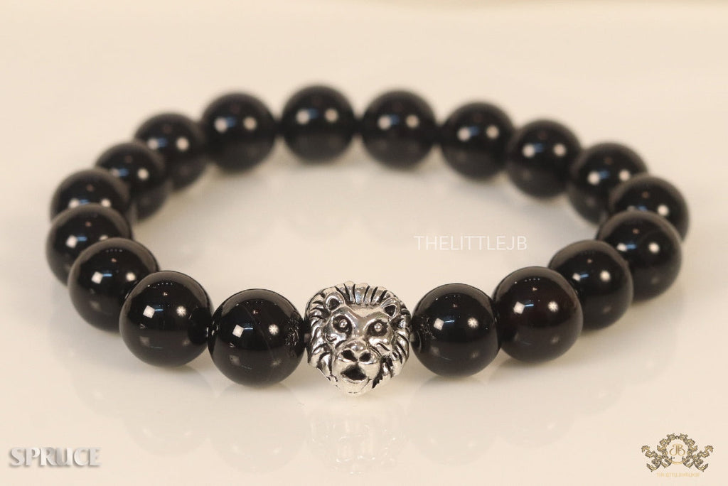 Glossy onyx beads bracelet with lion motif