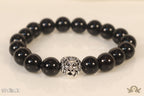 Glossy onyx beads bracelet with lion motif