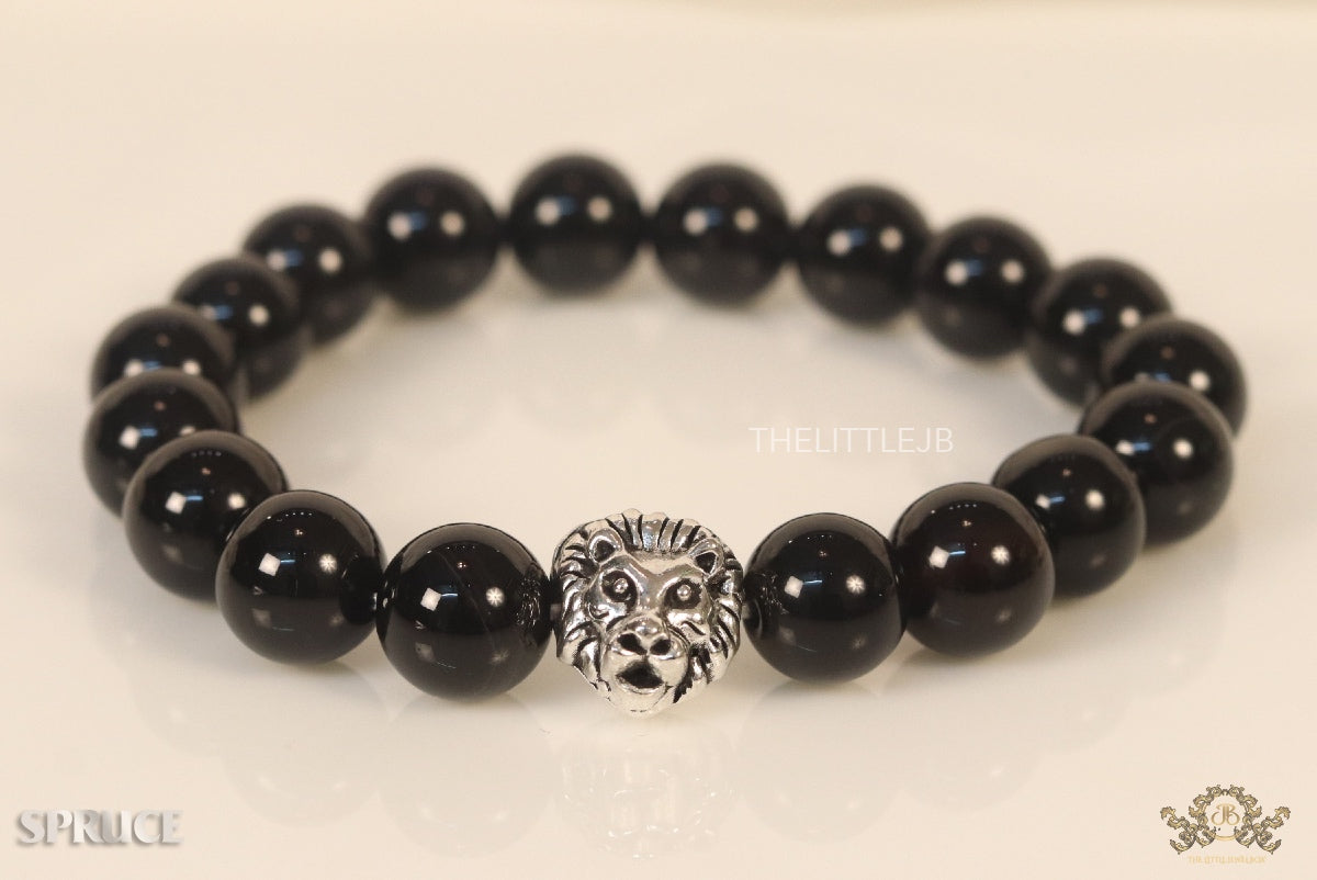 Glossy onyx beads bracelet with lion motif