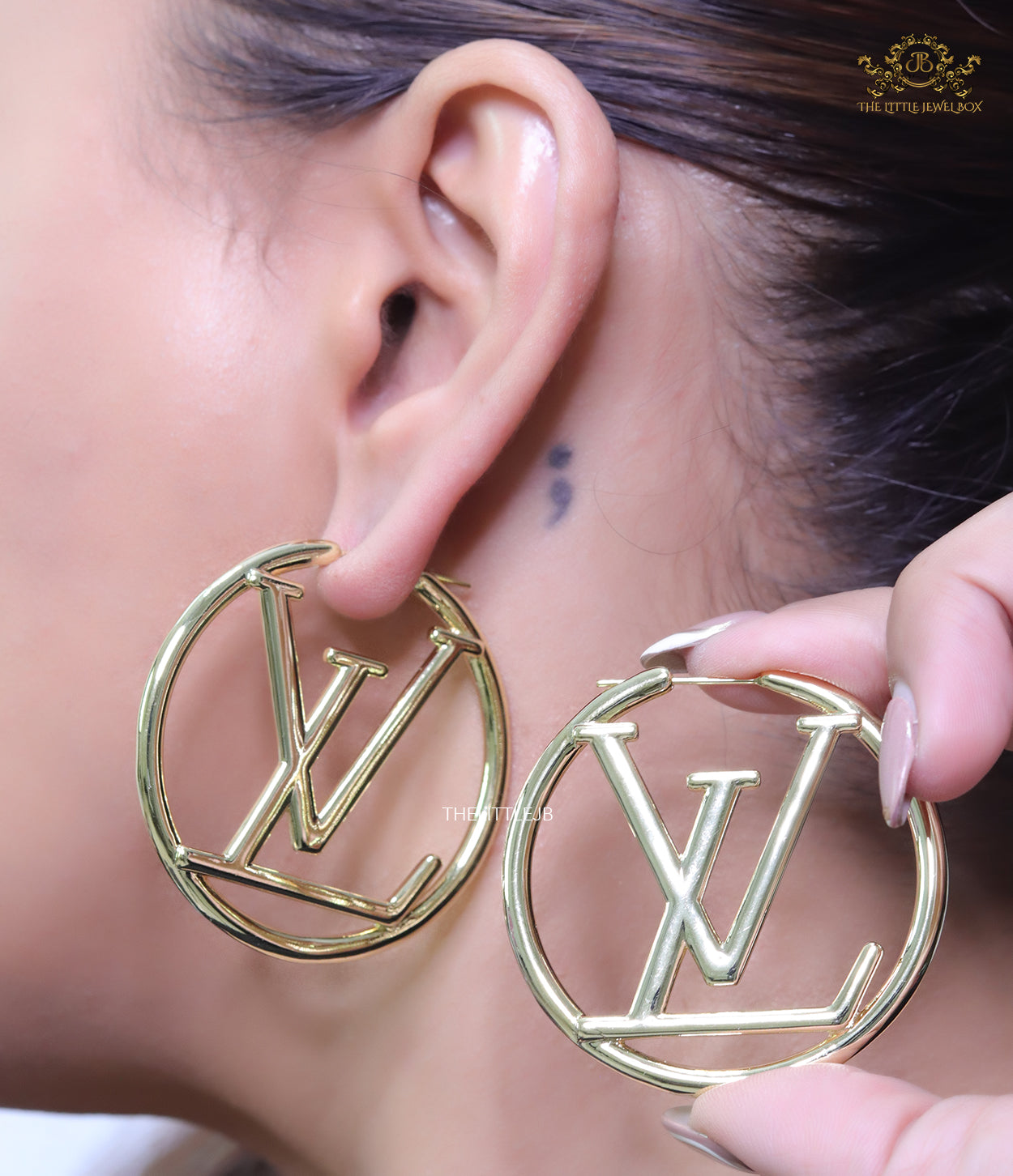 Gold plated L and V alphabet hoops 50 mm