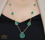 Gold plated long chain malachite stone necklace