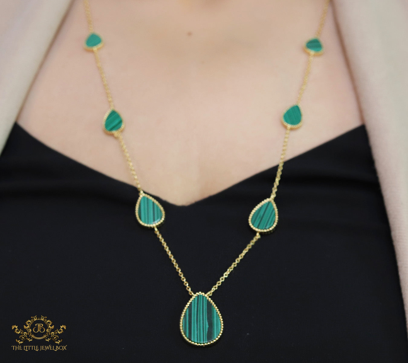 Gold plated long chain malachite stone necklace