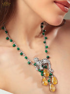 Emerald Vine Necklace with yellow topaz and panther motif in cz