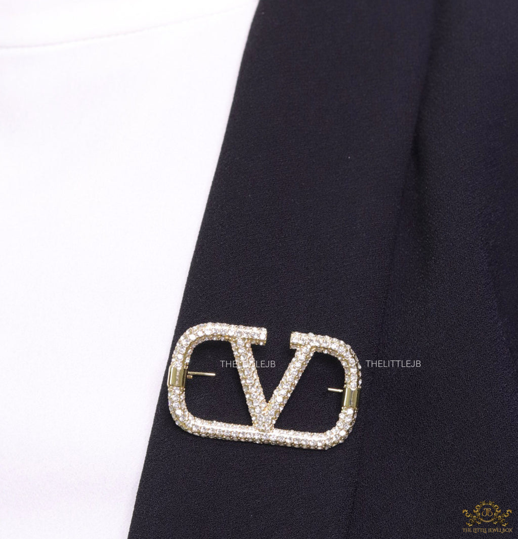 Alphabet V CZ Gold Brooch