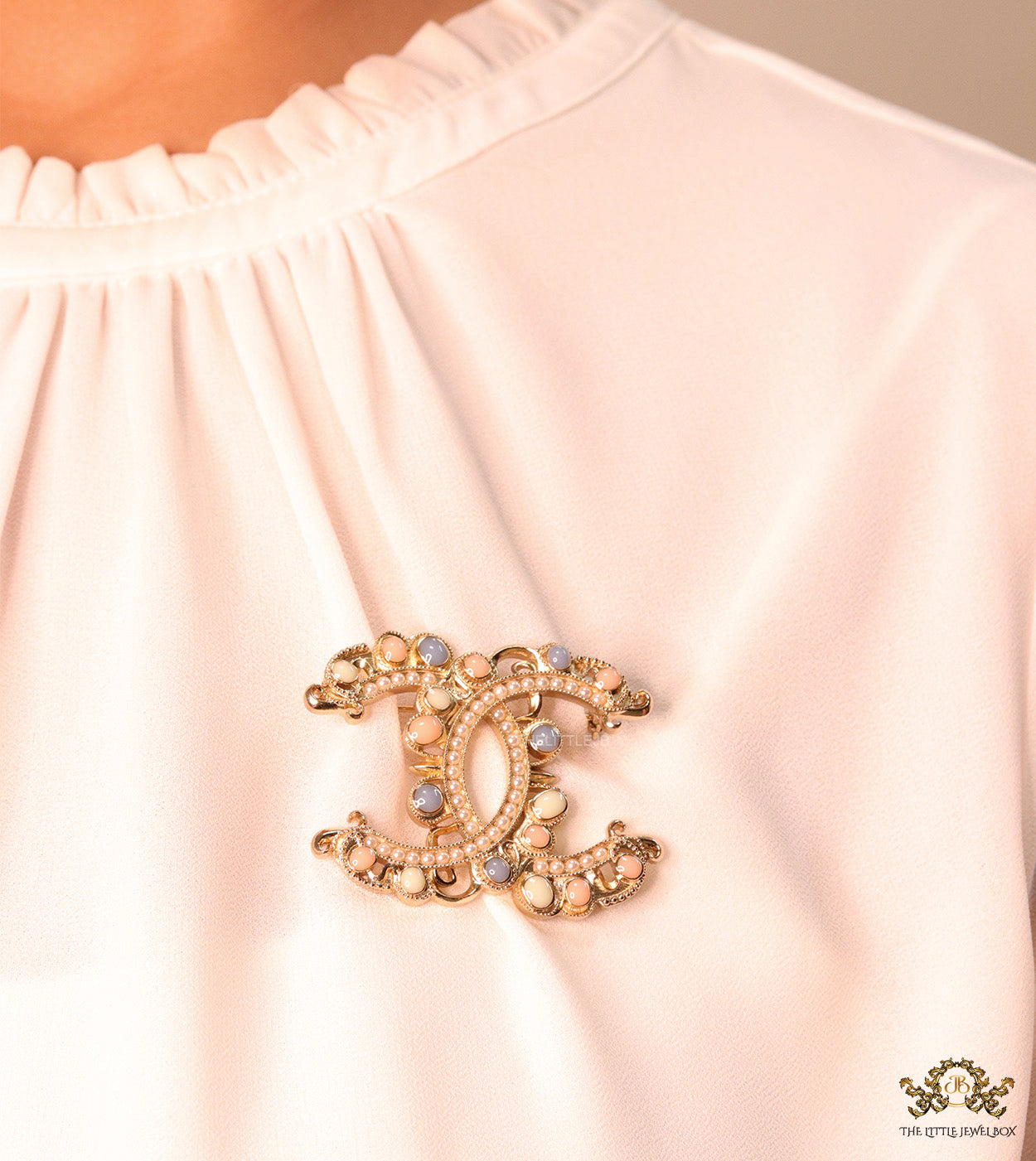 Double C motif Multicoloured cz and pearl brooch