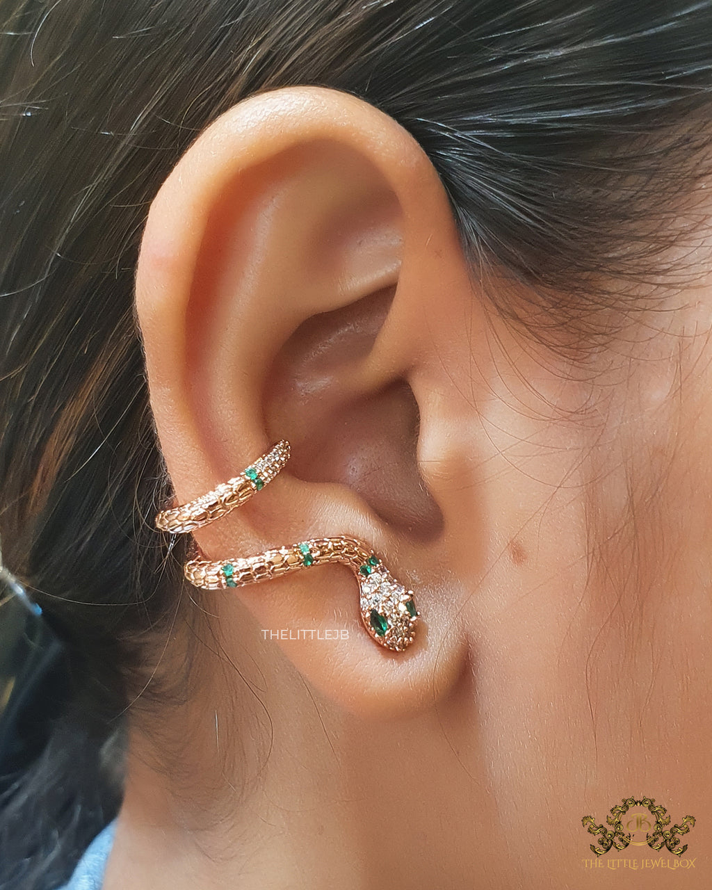 Rose gold plated ear cuff pattern serpentine earrings with green cz