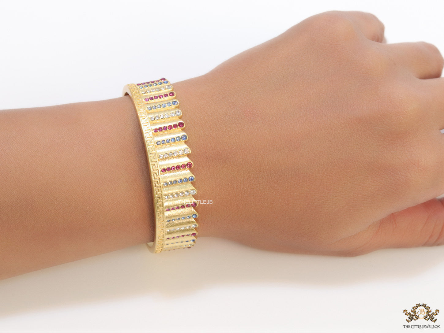 Gold plated matte finish bracelet with multi coloured cubic zirconia stones