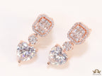 Rose gold Cz baguette earrings with heart shape cz drop