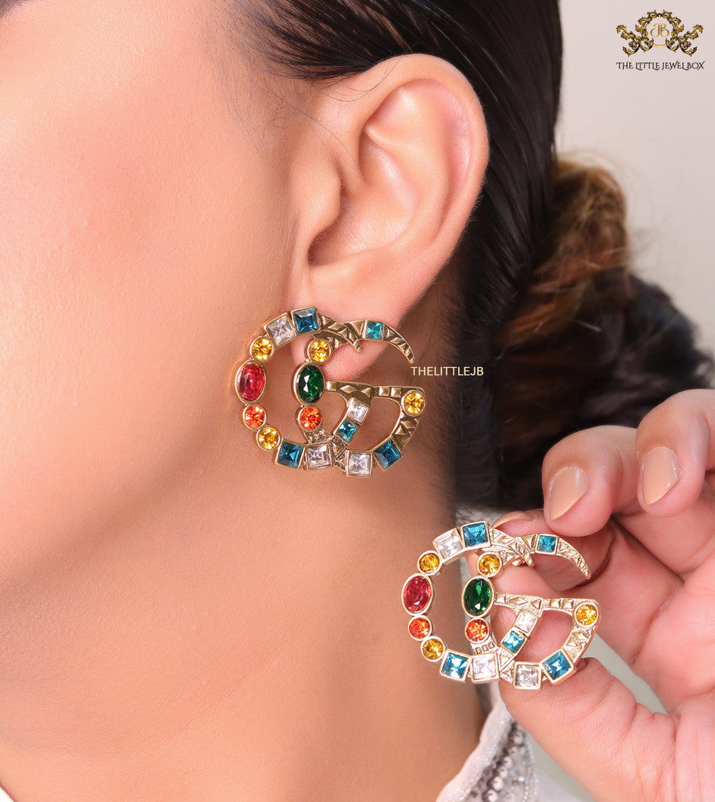 Double G golden earrings with multicolor cz stones