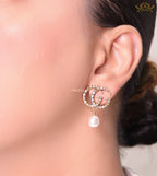 Double G golden earrings with multi color cz stones and pearl