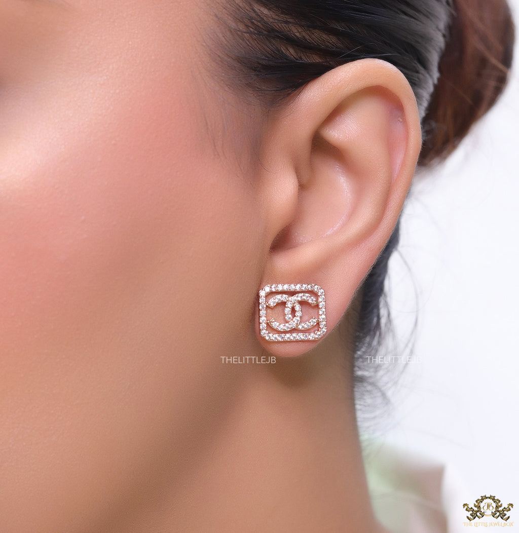 Rose gold plated square cz stud with twin C motif