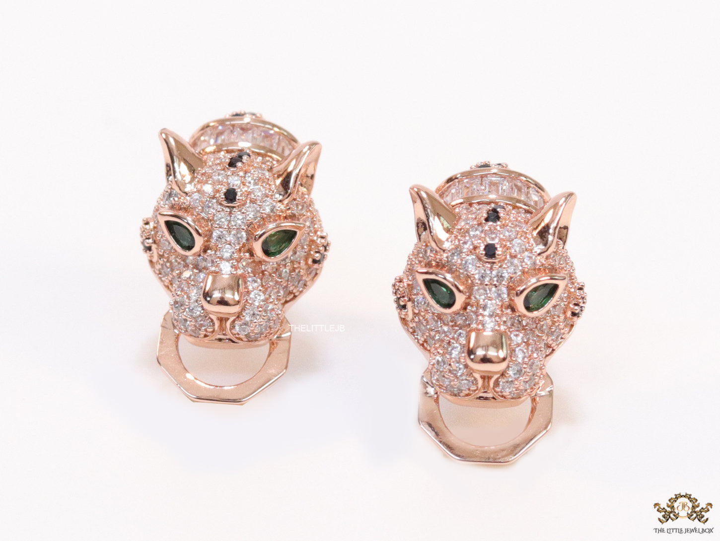 Cz panther face clip on studs in rose gold