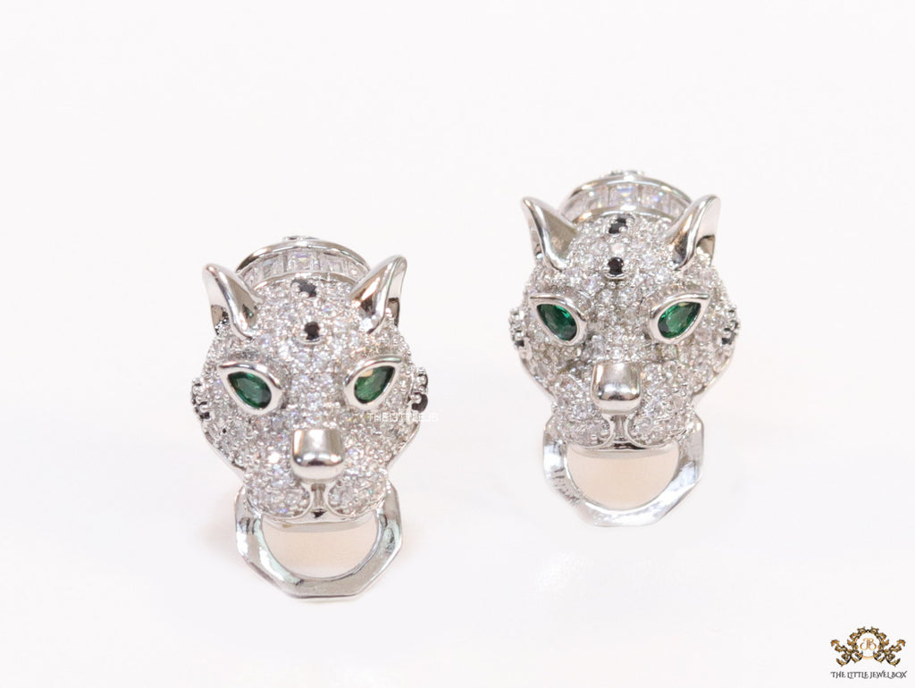 Cz panther face clip on studs in platinum finish