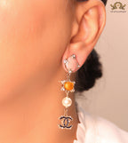 Double C dangles with pink, orange stones, pearls and cz