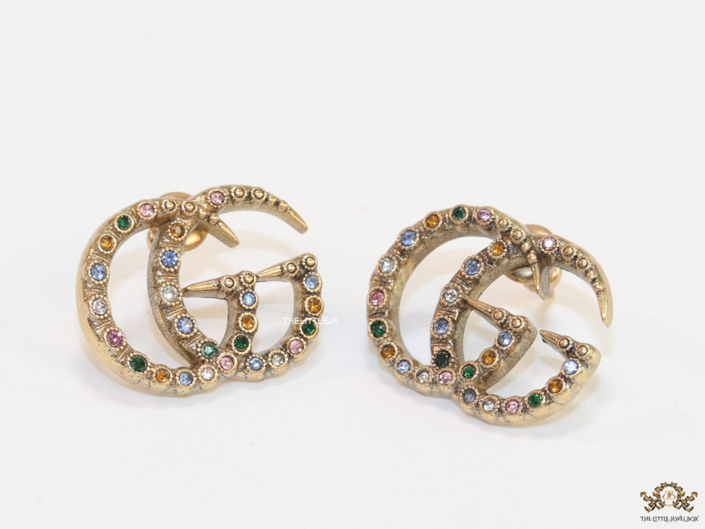 Antique gold plated twin G motif studs with multicoloured stones
