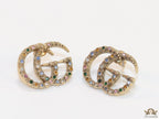 Antique gold plated twin G motif studs with multicoloured stones