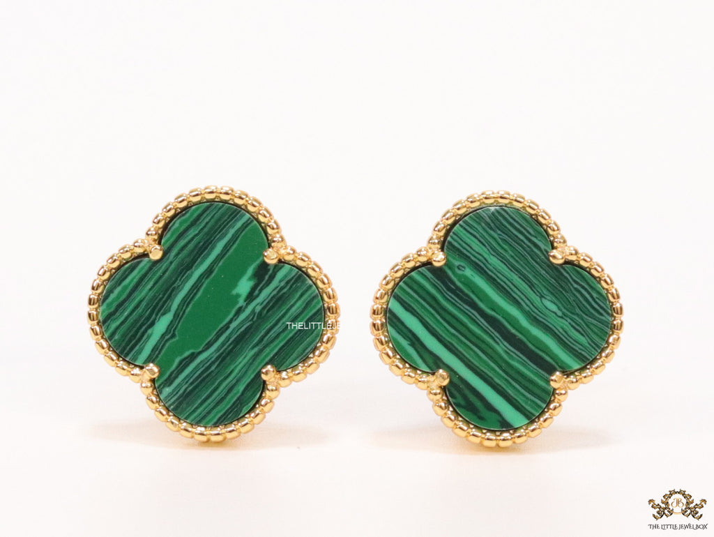 Malachite green clover stud earrings in gold plating