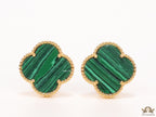 Malachite green clover stud earrings in gold plating