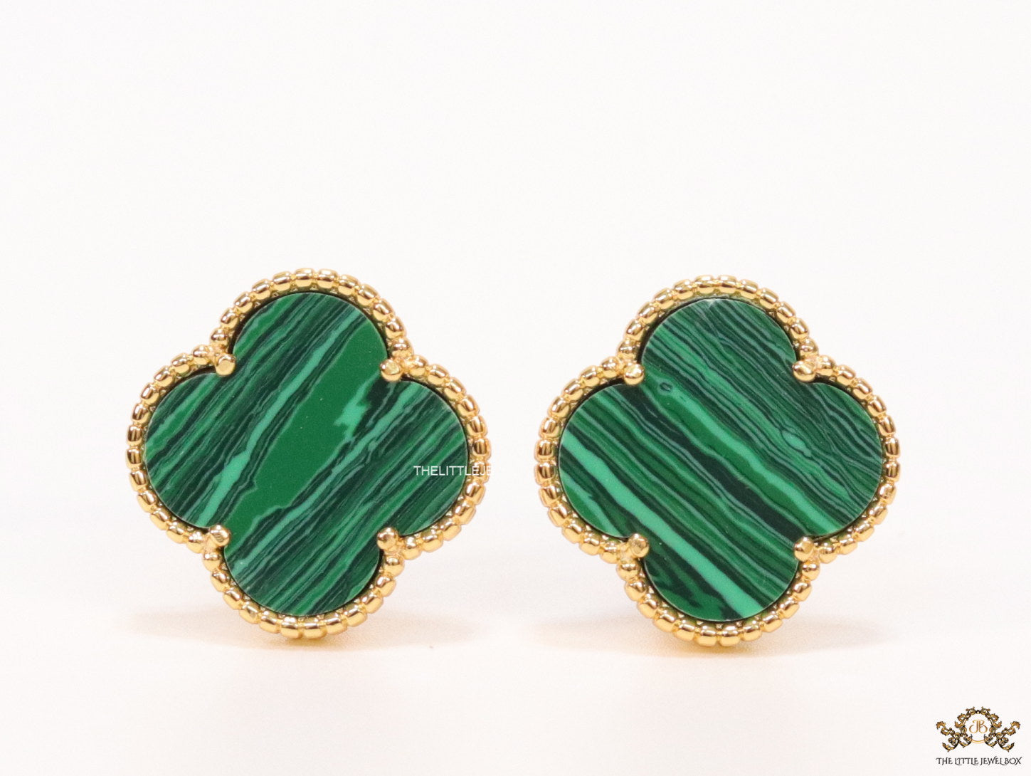 Malachite green clover stud earrings in gold plating