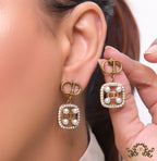 Antique gold plated alphabet motif studs with cubic zirconia stones, white pearl and alphabets