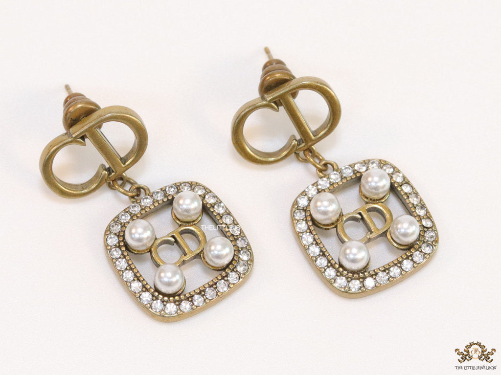 Antique gold plated alphabet motif studs with cubic zirconia stones, white pearl and alphabets