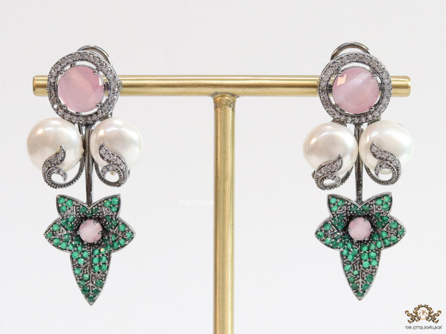 Cz flower earrings with shell pearls and baby pink stones