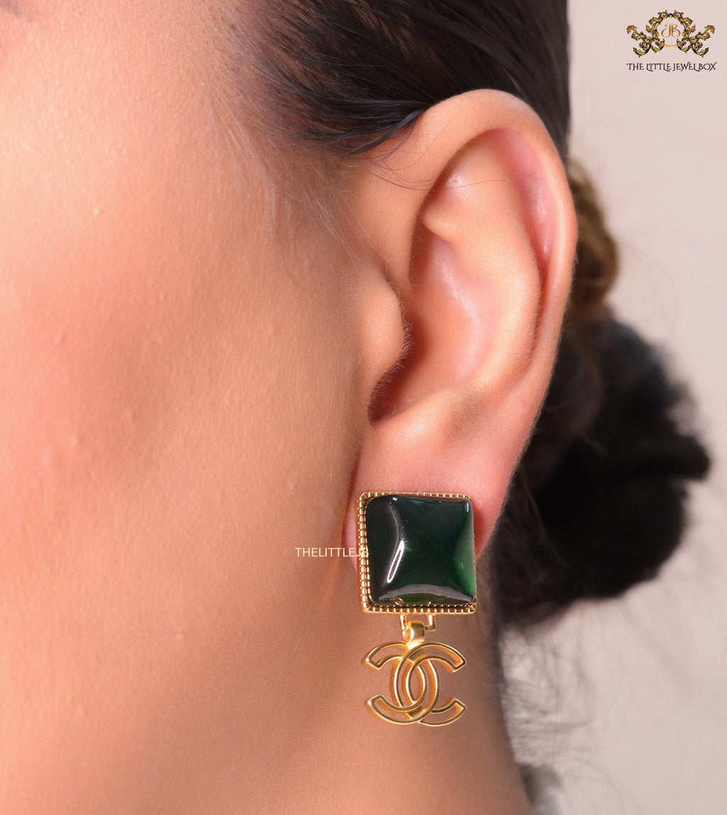 Gold plated Square emerald green studs with double C motif