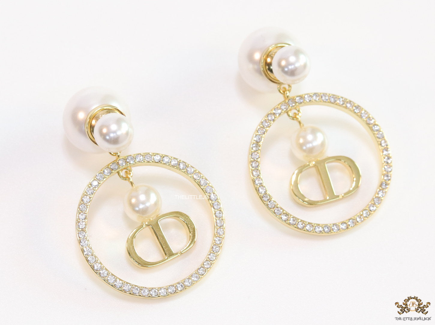 Pearl bomber studs with golden cz alphabet ring drop