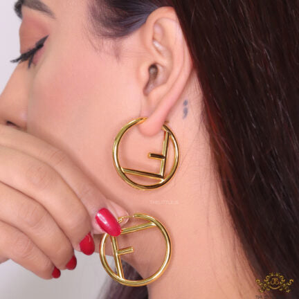 Gold plated hoops with alphabet F motif 40mm