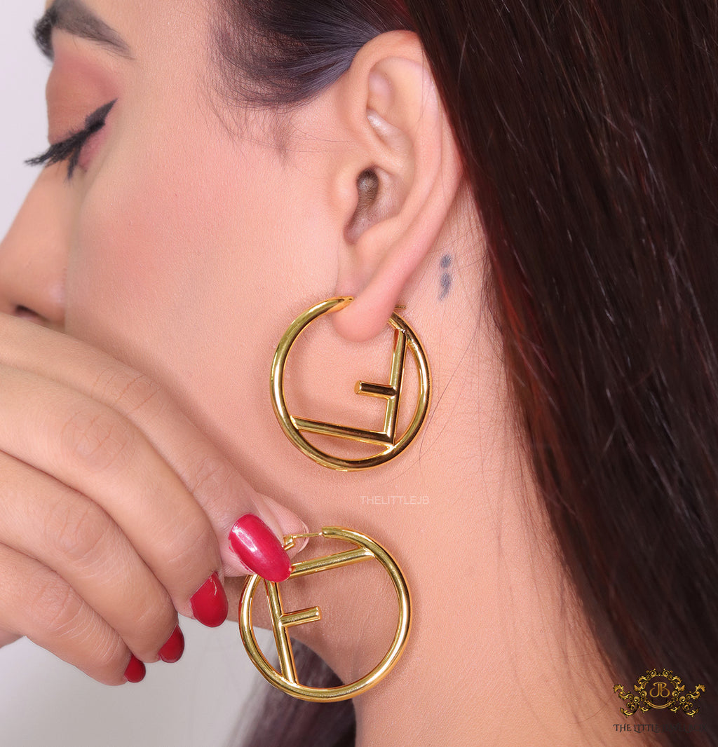 Gold plated hoops with alphabet F motif 40mm
