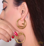 Gold plated hoops with alphabet F motif 40mm