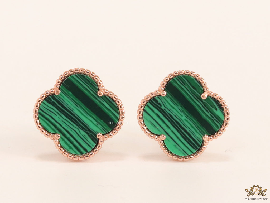Malachite green clover stud earrings in rose gold plating