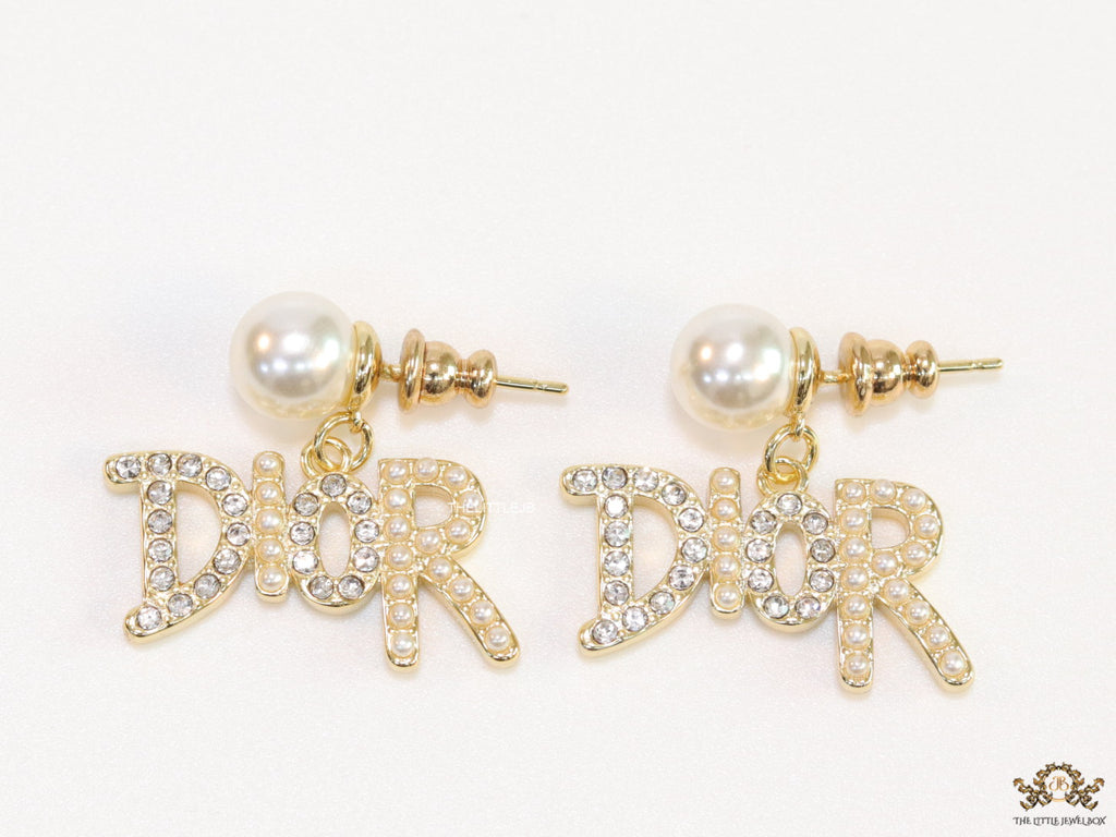 Gold plated pearl studs with cz alphabet drops