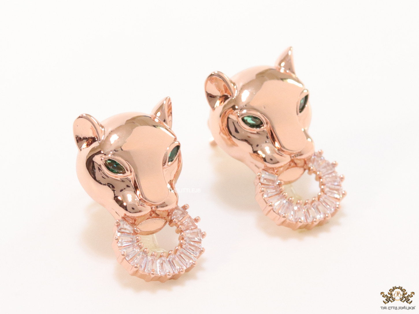 Rose gold panther face studs with cz baguette ring