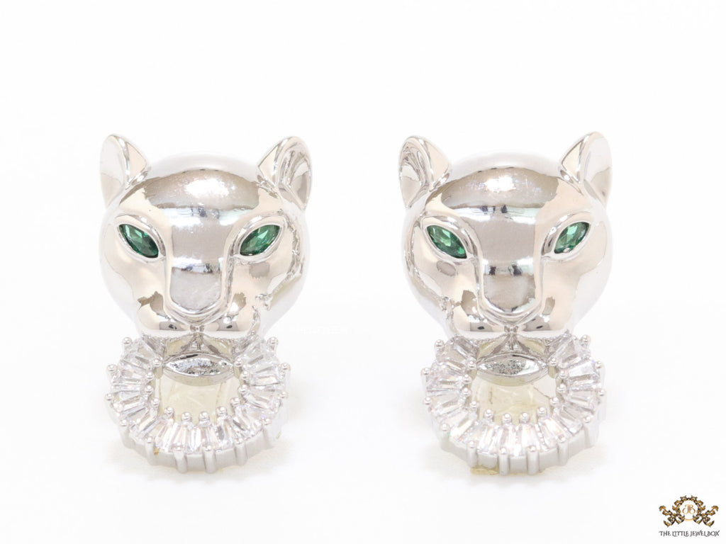 Platinum plated panther face studs with cz baguette ring