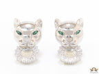 Platinum plated panther face studs with cz baguette ring