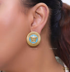Blue and golden round Medusa stud earrings