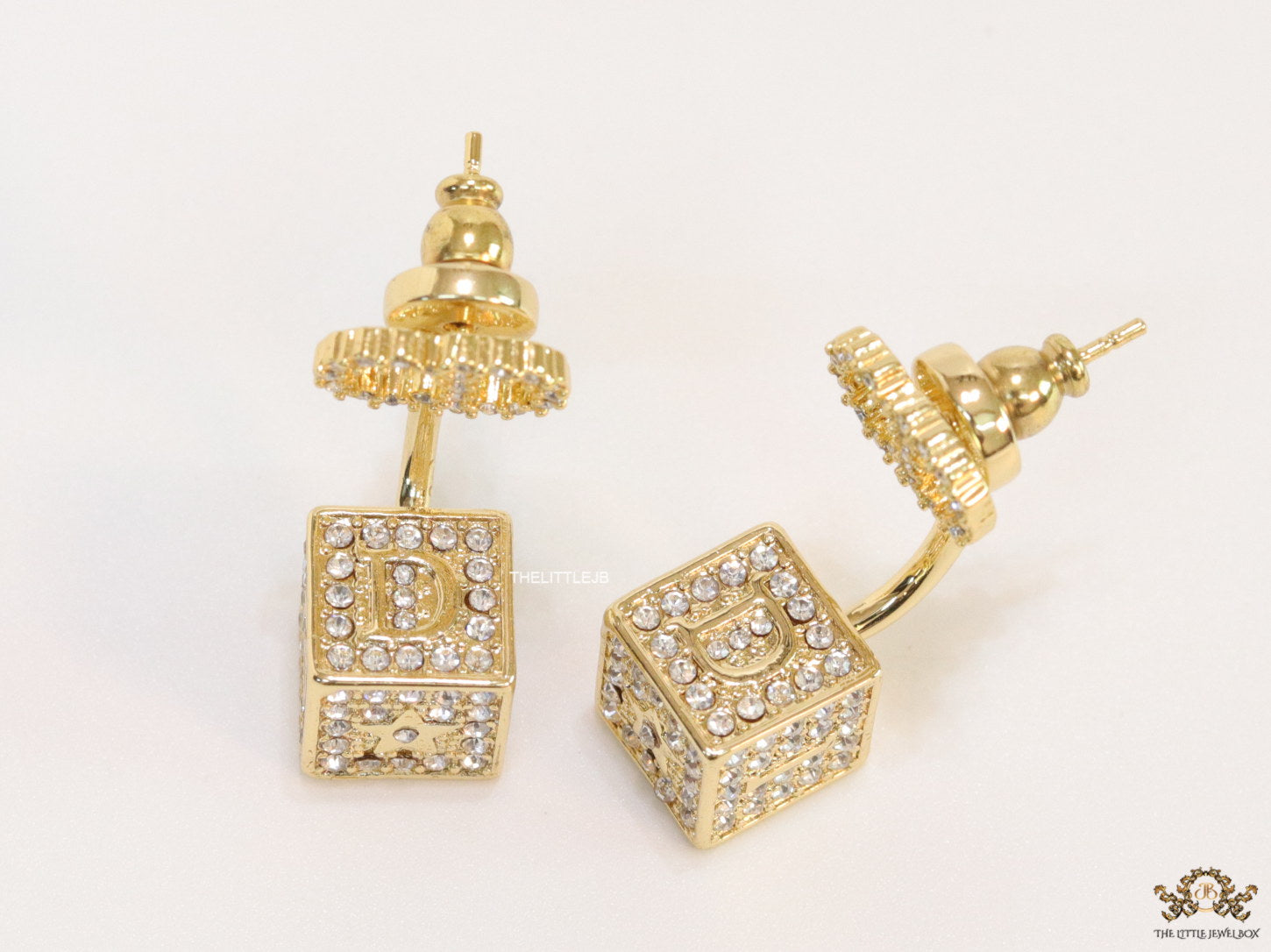 Golden cz tops with alphabet inscribed cz cube drops