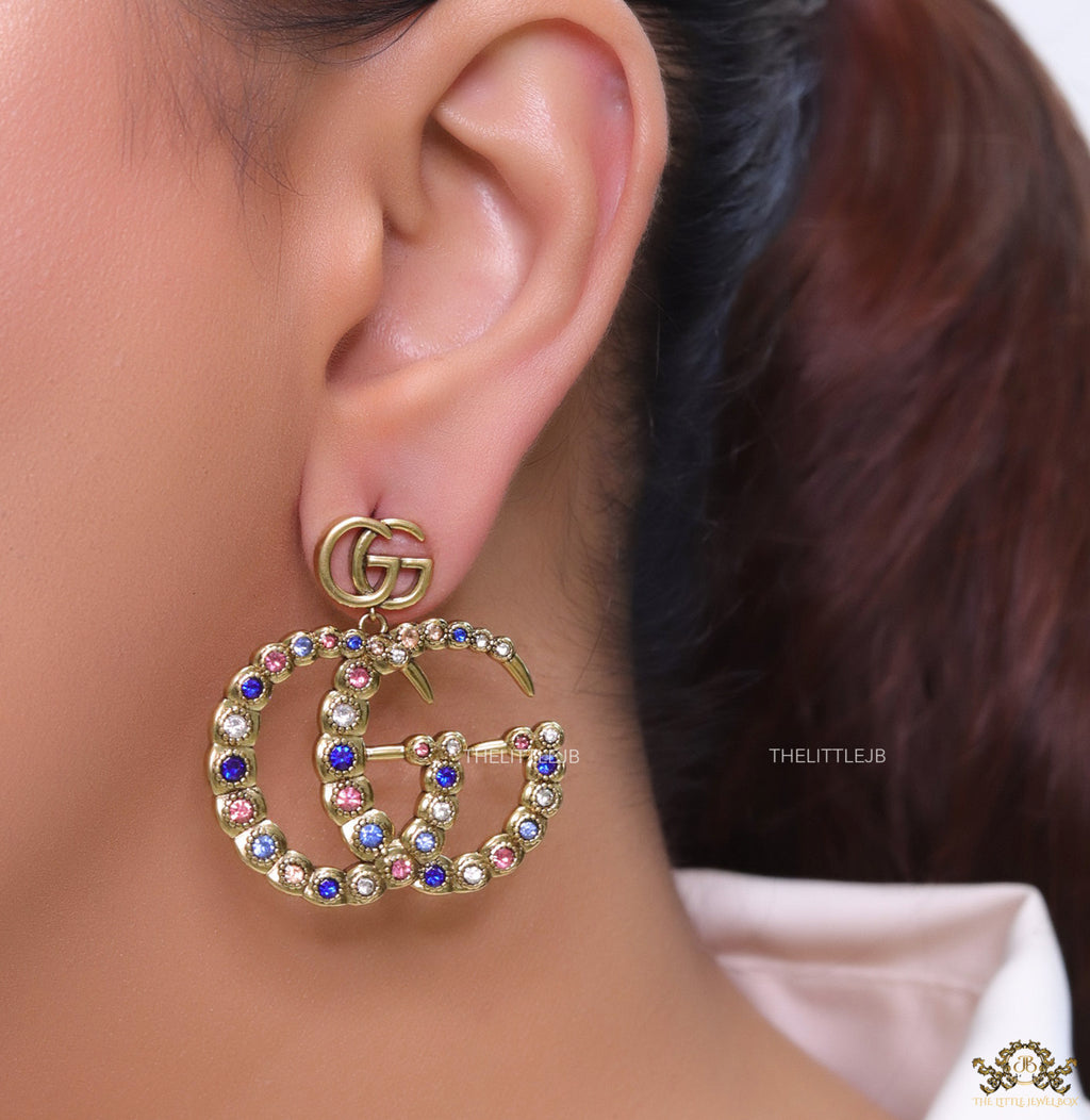 Multicolour twin G motif hanging earrings with twin G tops in gold plating