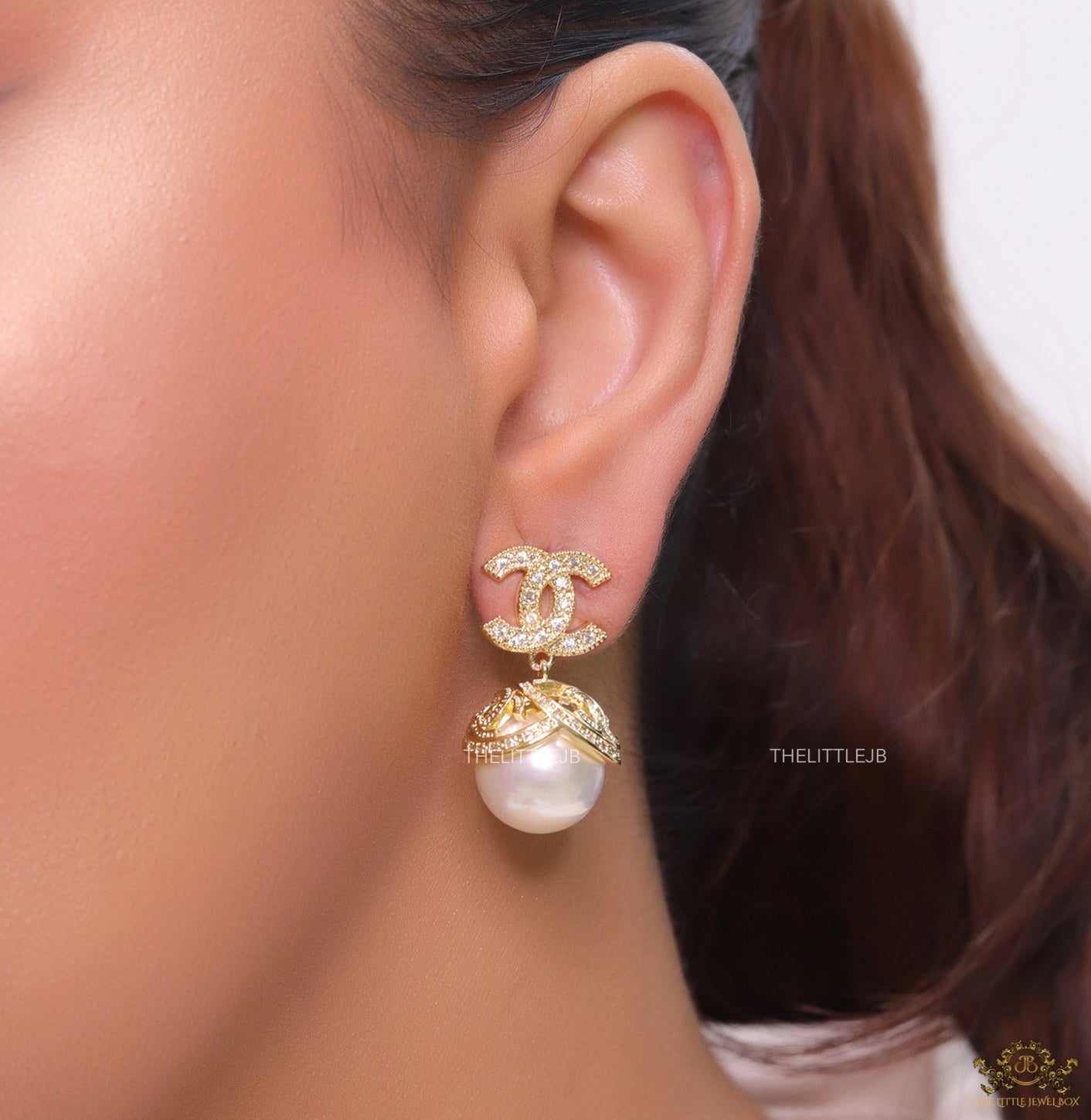 Gold plated twin C earrings in cz with cz capped pearl drop