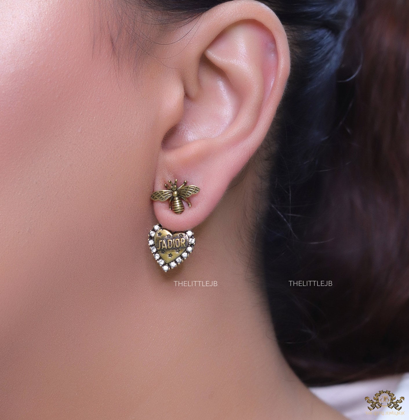 Antique golden bee earrings with alphabet inscribed heart shaped drop