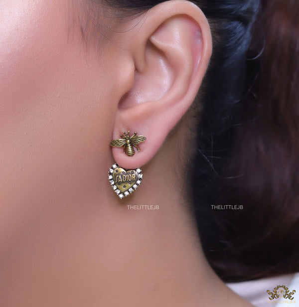 Antique golden bee earrings with alphabet inscribed heart shaped drop