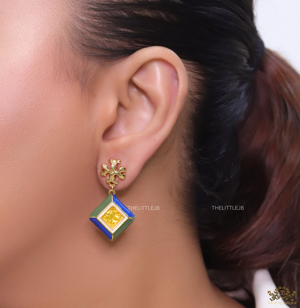 Enamel coated square drop earrings in gold plating