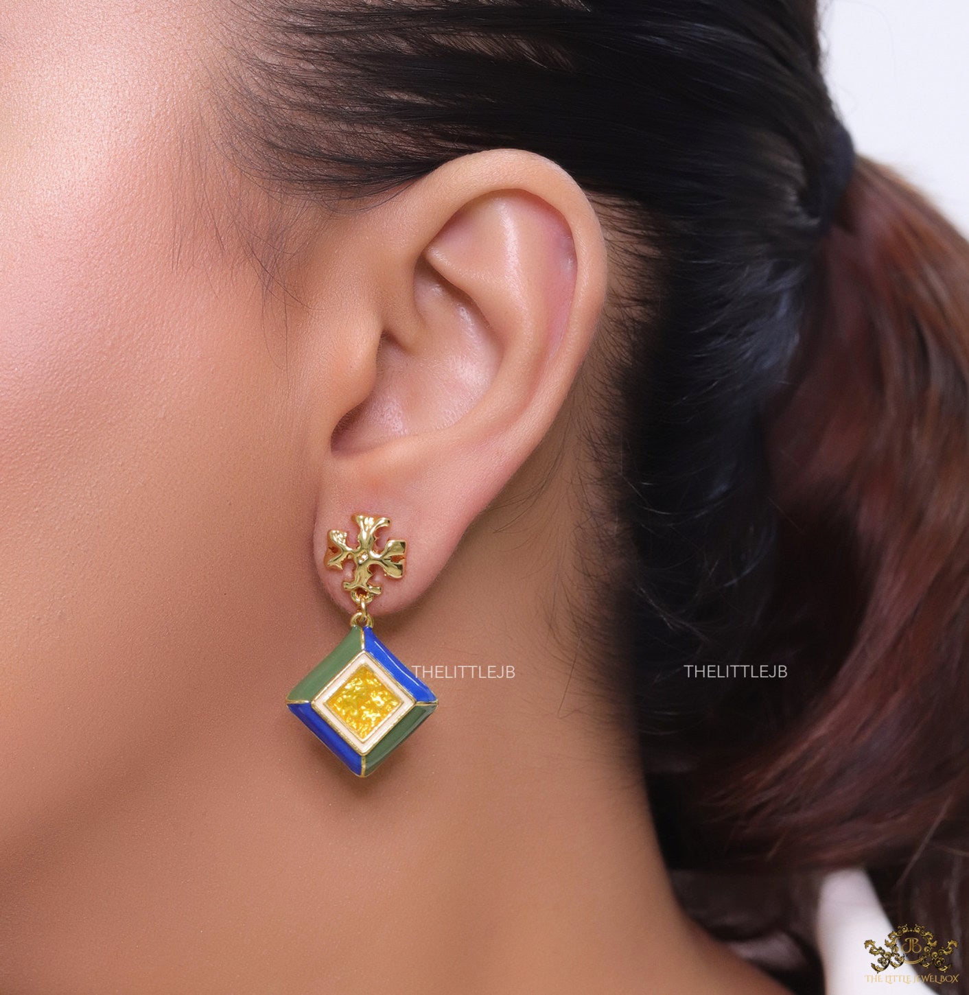 Enamel coated square drop earrings in gold plating