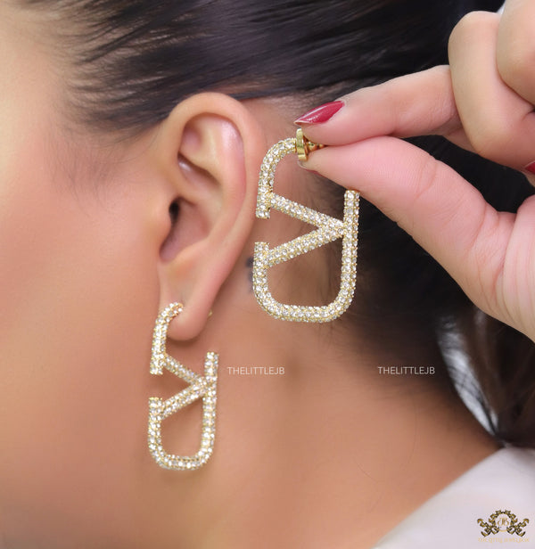 Alphabet V open hoop earrings with cz 45 mm