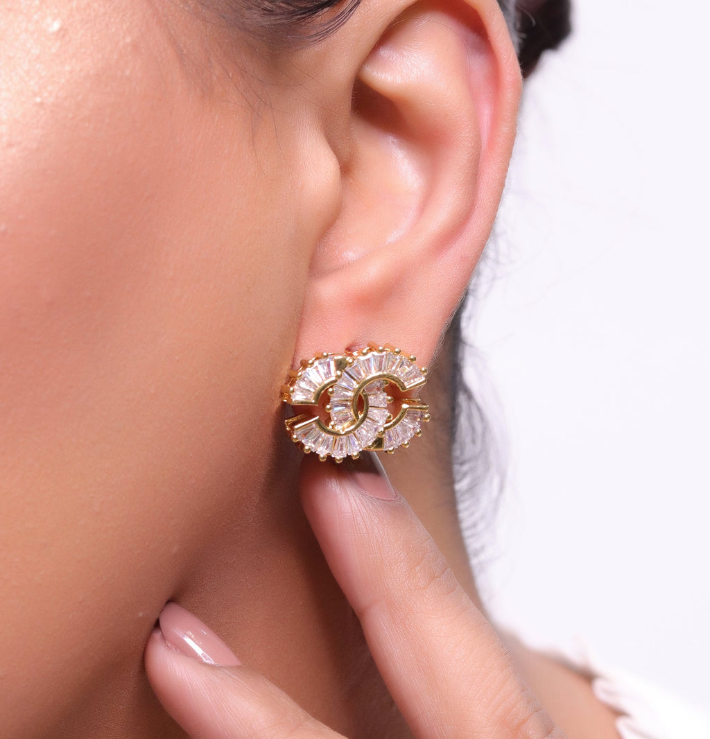 Gold plated twin C motif cz baguette studs